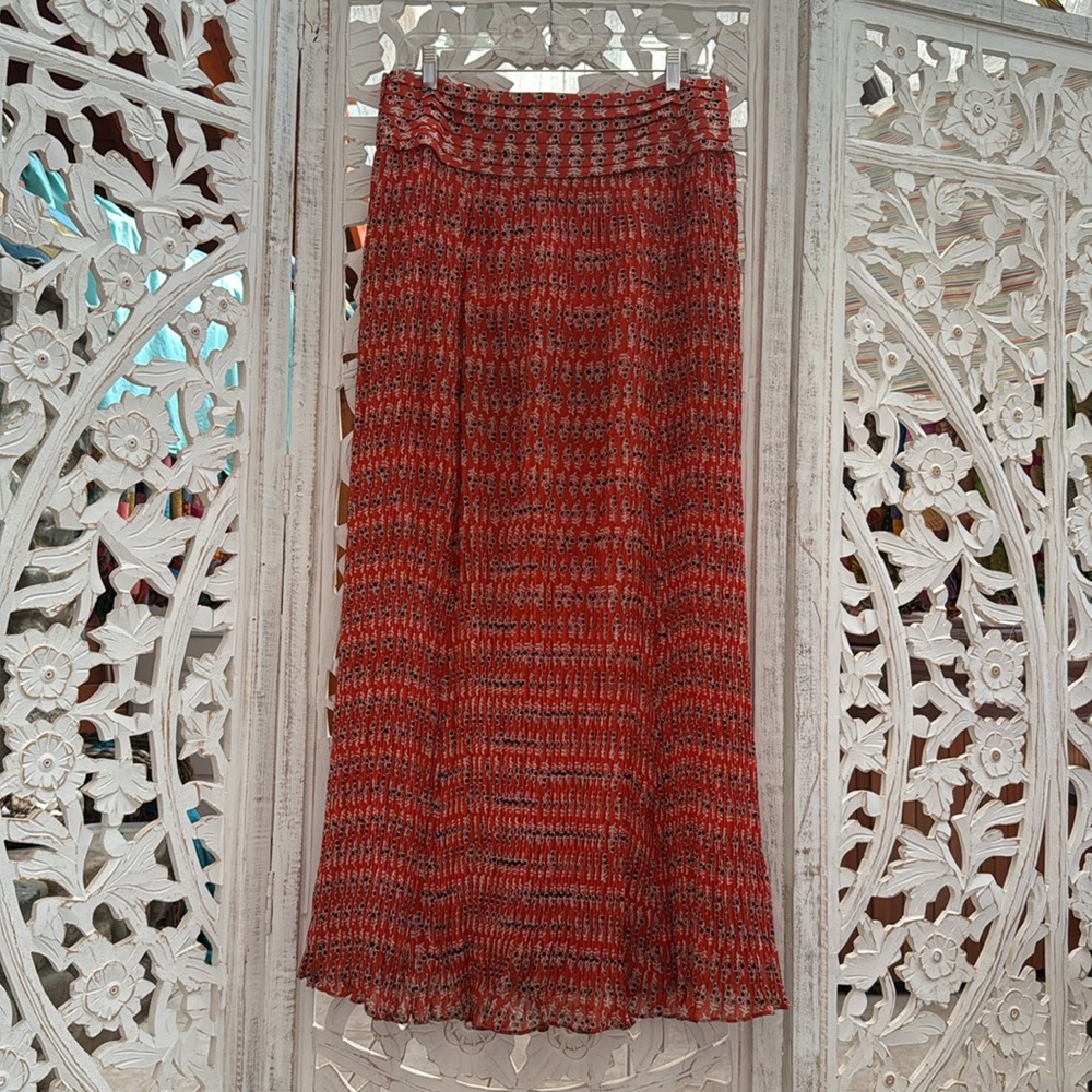 Tory Burch Micro Pleated Maxi Skirt – Bold Orange & Navy Floral Print | Size 6-8